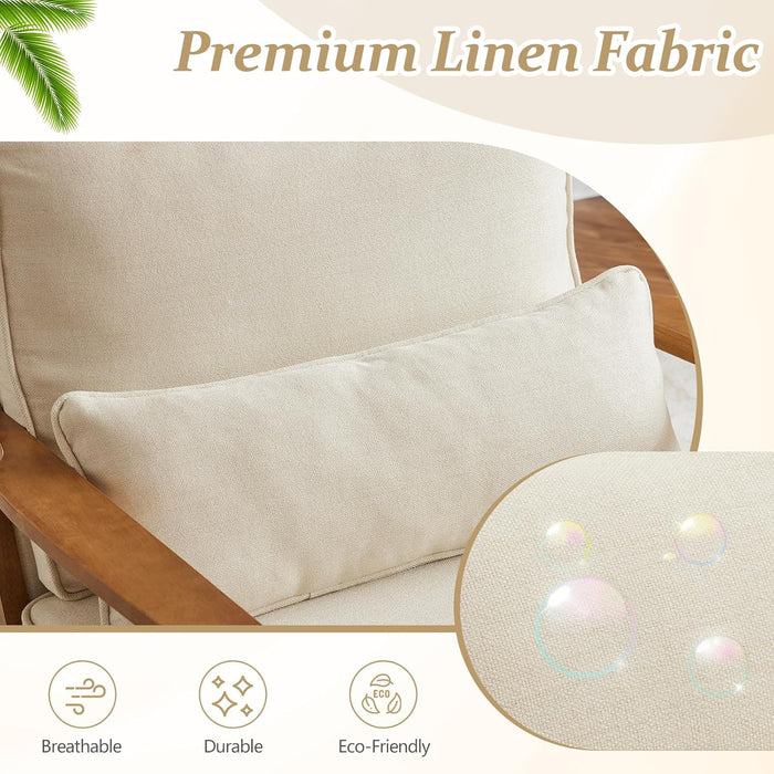 Solid Wood Wide Armrests Accent Chair,Upholstered Mid Century Modern Chair with Pillow,Comfy Reading Chair Farmhouse Arm Chair,Chairs Living Room,Bedroom,Guest Room,Linen Fabric,Beige