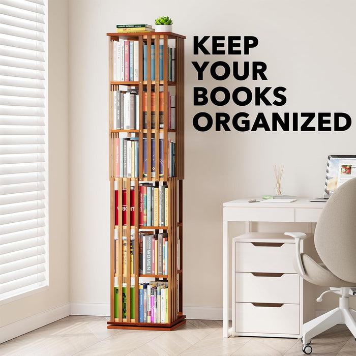 Walnut Six Tier Rotating Bookshelf Tower Organizer