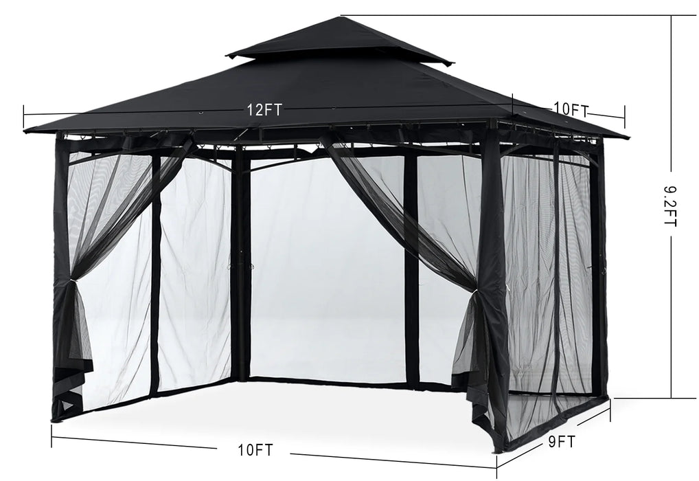 10' X 12' Outdoor Patio Gazebo Double Roof Steel Frame with Mesh Walls, Black