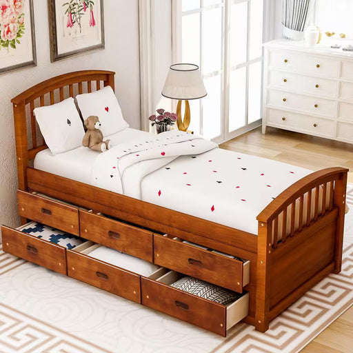 Walnut Twin Size Platform Storage Solid Wood Bed with 6-Drawers