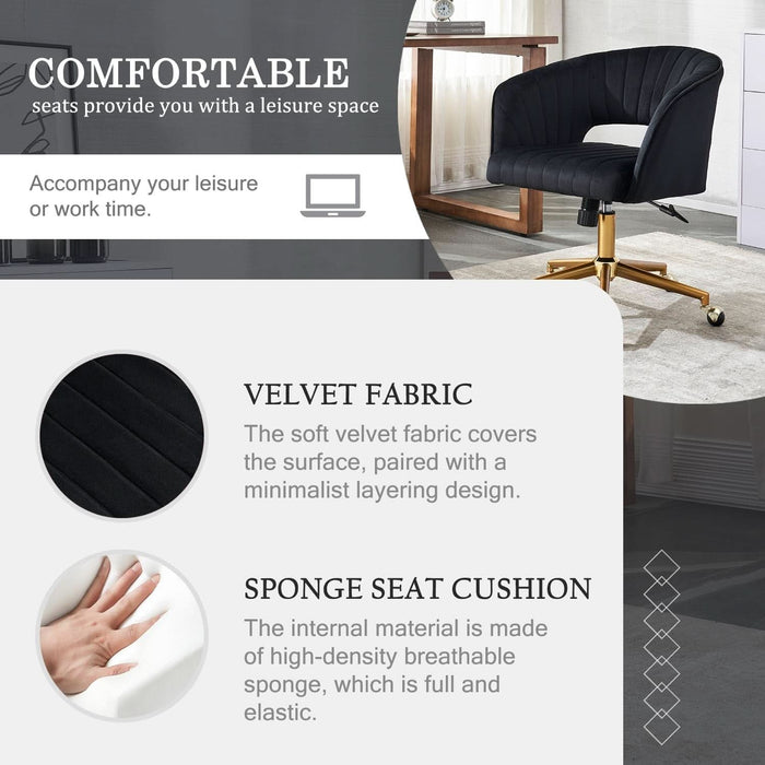 Home Office Chair Swivel Velvet Desk Chair, Vanity Chair with 360 Swivel Armchair and Gold Base,For Living Room, Bedroom, Vanity, Study (Black)