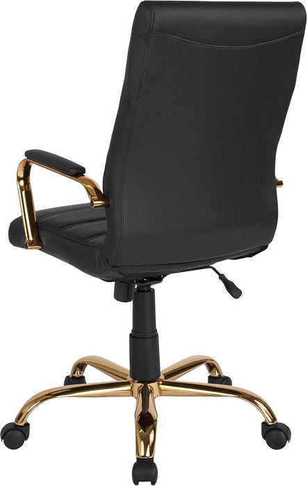 Whitney High-Back Swivel Leathersoft Desk Chair with Padded Seat and Armrests, Adjustable Height Padded Office Chair, Black/Gold
