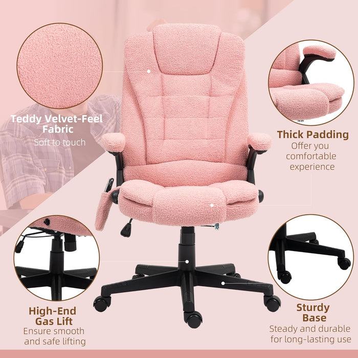 6 Point Vibrating Massage Office Chair with Heat, Velvet High Back Executive Office Chair with Reclining Backrest, Padded Armrests and Remote, Pink