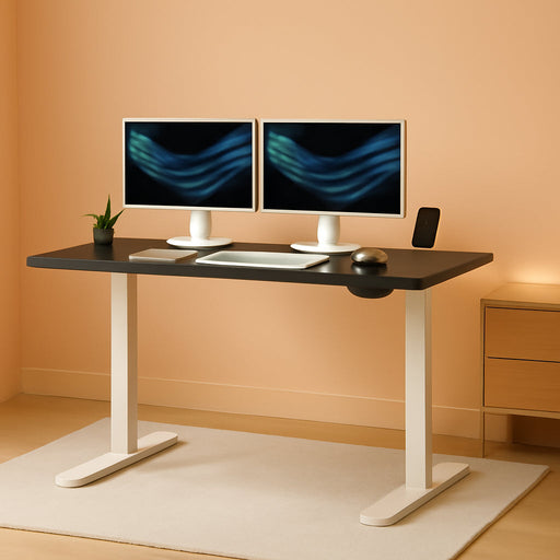 60-Inch Electric Height Adjustable 60 X 24 Inch Stand up Desk, Black Solid One-Piece Table Top, White Frame, Home & Office Furniture Sets, B0 Series, DESK-KIT-W06B
