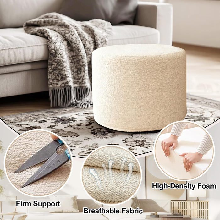 Round Ottoman Foot Rest and Boucle Pouf - High Density Sponge Filling - 17"X17"X14" Footstool for Couch Living Room - Lightweight Comfort and Charm Floor Pouf Footrest Cushion - White