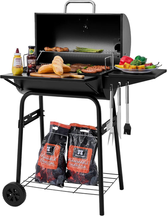 CC1624 Barrel Charcoal Grill, Large Charcoal Grill with Side & Front Shelves, 426 Sq. In. Cooking Grid, Sturdy Side Shelf with Hooks, for Outdoor Backyard and Picnics, Black