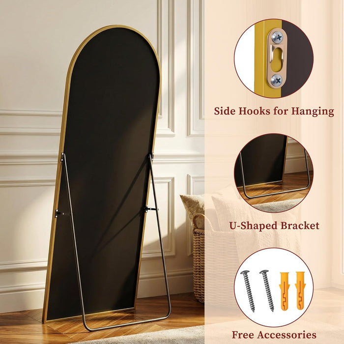 58"X18" Arched Full Length Mirror with Stand, Full Body Mirror with Aluminum Frame, Freestanding/Leaning/Wall-Mounted, Floor Mirrors for Bedroom, Living Room, Entryway, Dressing Room, Gold