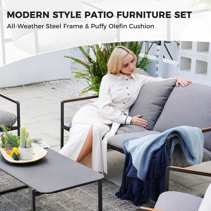 4-Piece Outdoor Furniture Set, Patio Outdoor Sofa with Cushion, Modern Metal Couch with Coffee Table, Outdoor Conversation Set for Porch Deck Balcony Backyard Living Room