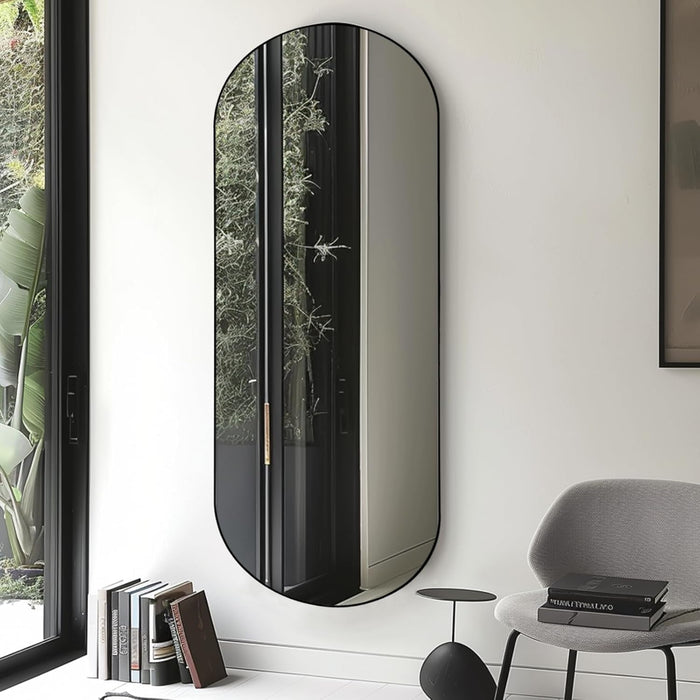 Arched Full Length Floor Mirror, Oval Full Floor Mirror, Large Wall Mounted Arched-Top Body for Living Room, Bedroom, Bathroom, Entryway, Dressing Room (Black, 64 * 21)