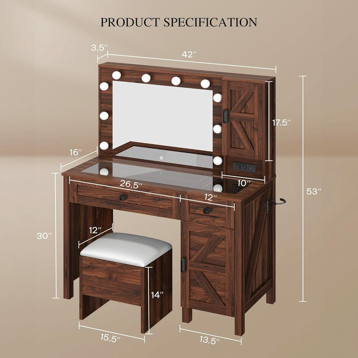 Farmhouse Vanity Makeup Desk with Charging Station, Large Vanity Desk with Lights Mirror and Drawers for Makeup, Modern Vanity Table Set with Stool for Bedroom, Rustic Brown