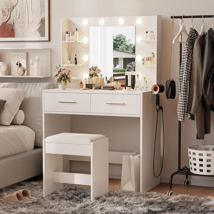 White Makeup Vanity Desk Featuring Illuminated Mirror