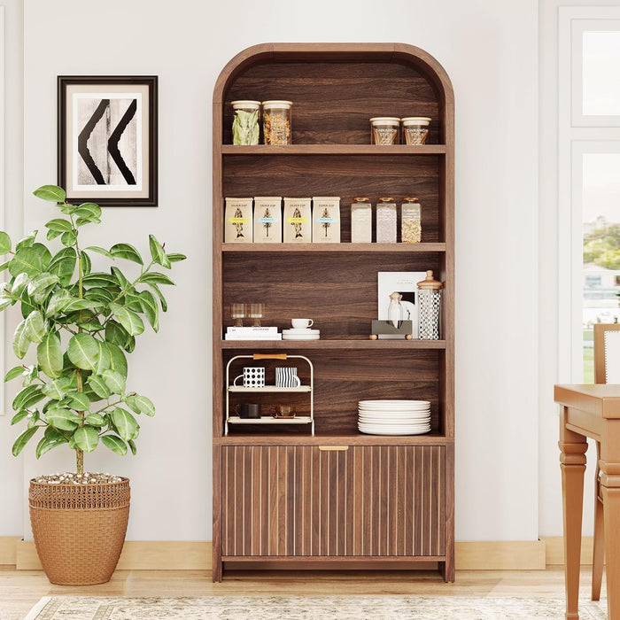 Walnut 70-Inch Freestanding Arched Bookcase Fluted Drawer