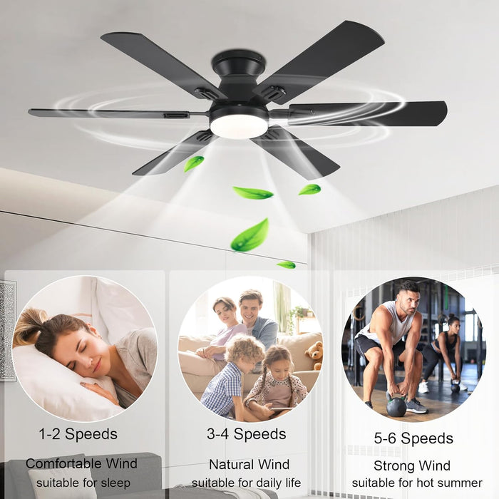 56 Inch Ceiling Fans with Lights, Black Flush Mount Ceiling Fan with Light and Remote/App Control, 3CCT, RGB, Dimmable, Noiseless, Low Profile Ceiling Fan for Bedroom, Patio, Indoor/Outdoor Use
