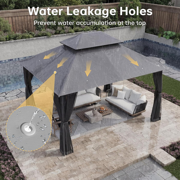 12X10 Gazebo with Double Roof & Mosquito Netting Outdoor Heavy-Duty Party Tent, Patio Tent with Zipper Screens - Backyard Garden Lawn Shelter Includes Wind Ropes Expansion Bolts, Gray