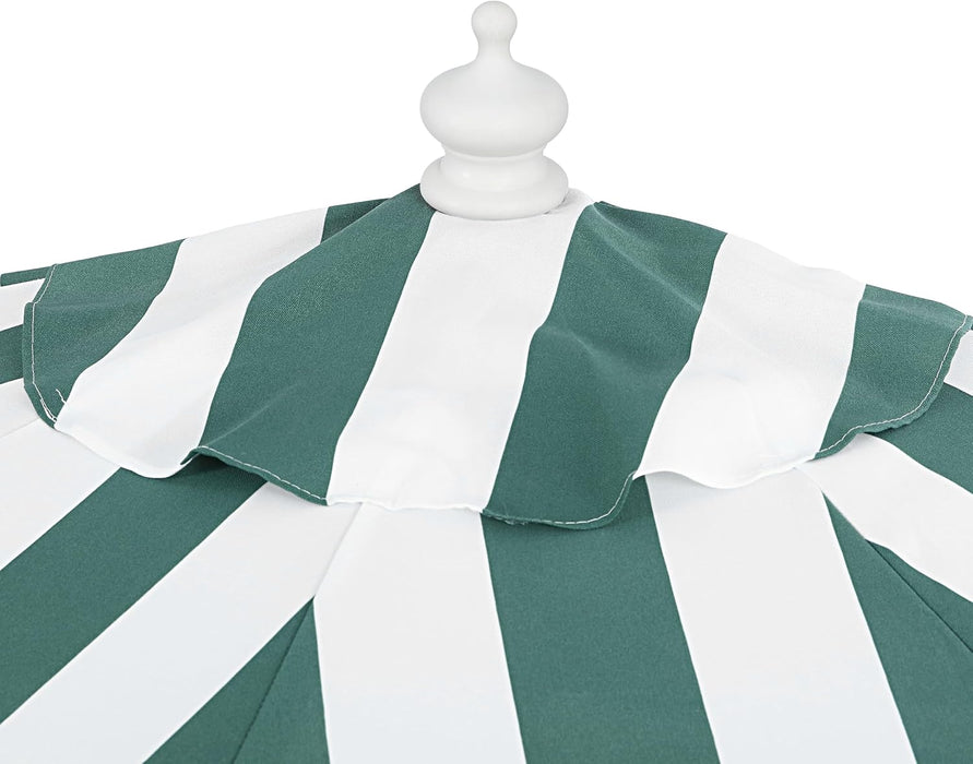 Beverly 9 Ft. Coastal Green and White Striped Half Patio Umbrella with Scalloped Fringe, Crank Lift, and Manual Tilt for Balcony, White Pole UMB1201L