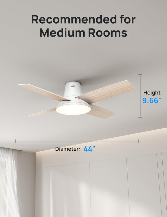 Ceiling Fans with Lights, 12 Speeds & 3 Fan Modes, Quiet DC Motor, Low Profile Easy to Install, Flush Mount Smart Ceiling Fan with Dimmable LED, 12H Timer for Bedroom, Remote, White, 44''