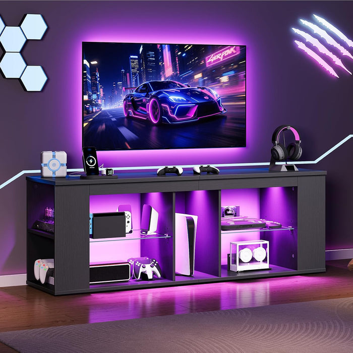 55" TV Stand for up to 65" Tvs with RGB LED Lights, Built-In Power Outlet, Adjustable Glass Shelves & Open Storage, Modern Media Console for Living Room & Game Room, Black MDS05UDBB