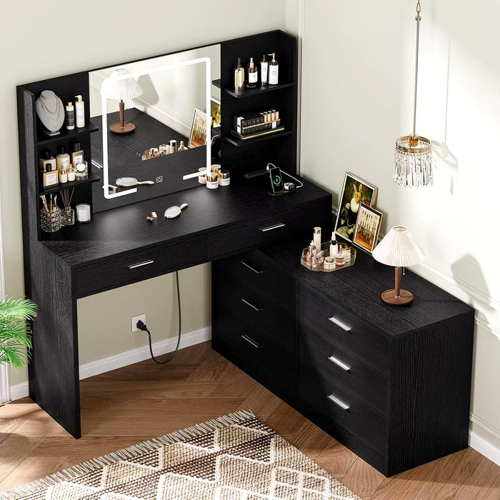 Vanity Desk with LED Mirror Modern Corner Makeup Table with 8 Drawers & Storage Shelves