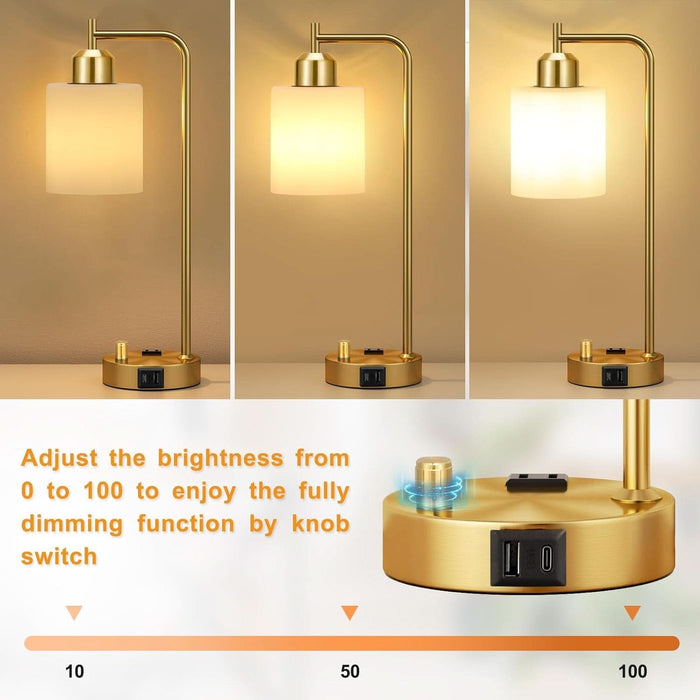 Gold Lamp for Bedroom - Industrial Bedside Table Lamp with USB Port and Outlet, Fully Dimmable Nightstand Lamp with Opal Glass Shade, Small Desk Lamps for Home Office