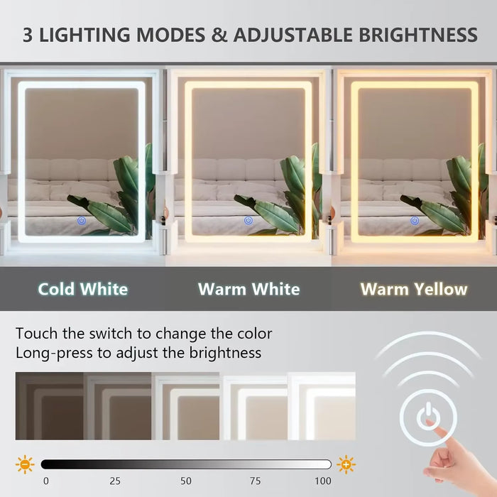 White Vanity Desk with Mirror Lights and Charging Station Large Makeup Table Set with Cabinets and 3 LED Light Modes