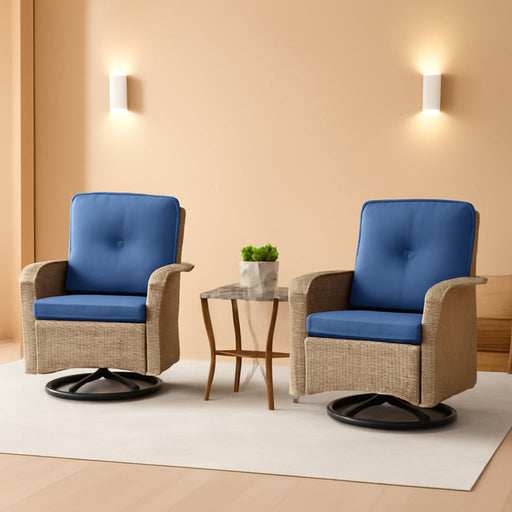 Patio Wicker Chairs Swivel Rocker - Outdoor Swivel Rocking Chairs Set of 2 with Rattan Side Table,3 Piece Patio Swivel Glider Chair Furniture Sets for Patio Porch Pool Light Beige/Blue