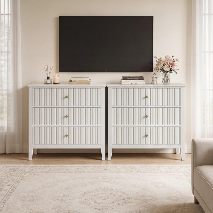 White Fluted 3 Drawer Dresser, 32 Inch Wide Dresser Nightstand for Bedroom, Modern Wood Chest of Drawers, Large Painted Nightstand with 3 Drawers for Closet, Hallway, Entryway