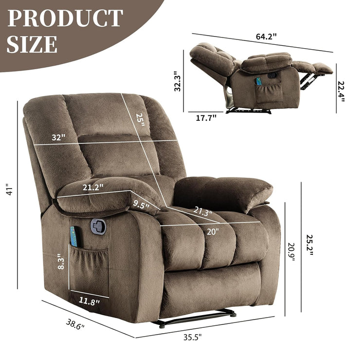 Manual Recliner Chair with Timer Heating and Massage, Ergonomic Overstuffed Breathable Fabric Reclining Chair, Single Sofa with Side Pockets for Living Room Home Theater(Tan)