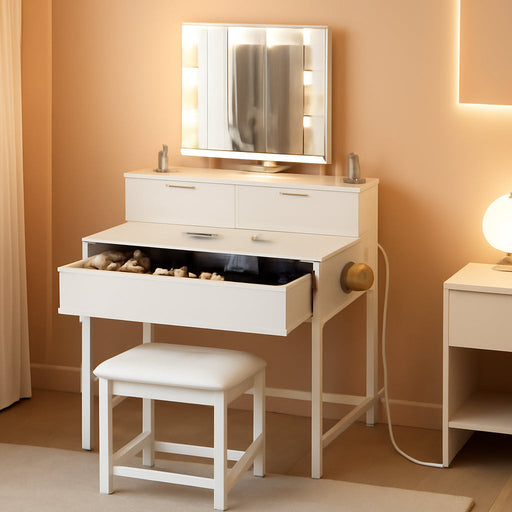 White Makeup Vanity Desk with Hollywood Mirror and Lights, Girls Vanity Set with Stool, Compact Make up Table with Drawers and Outlet for Bedroom Small Space