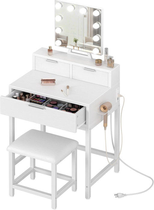 White Makeup Vanity Desk with Hollywood Mirror and Lights, Girls Vanity Set with Stool, Compact Make up Table with Drawers and Outlet for Bedroom Small Space