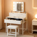 White Makeup Vanity Desk with Hollywood Mirror and Lights, Girls Vanity Set with Stool, Compact Make up Table with Drawers and Outlet for Bedroom Small Space