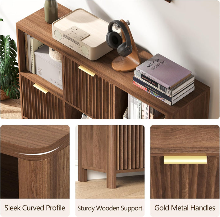 6 Cube Storage Organizer Fluted Bookcase with Reversible Door