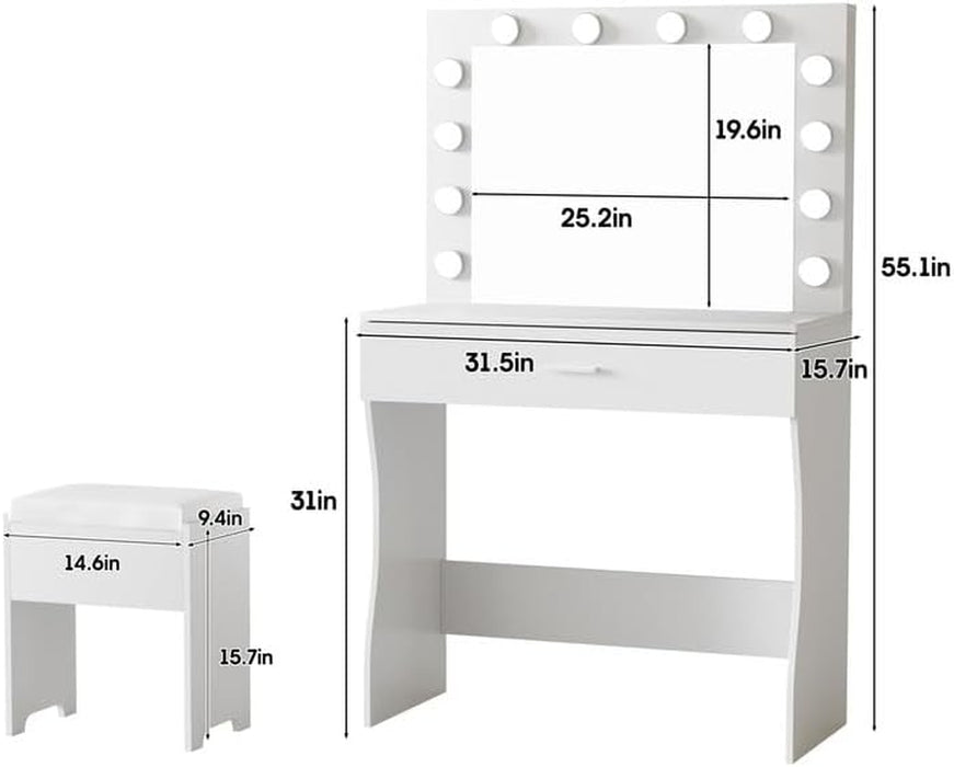 Vanity Desk with Mirror and Lights, Adjustable Brightness, White Vanity Table Set with Storage Drawer,Makeup Vanity Set with Cushioned Chair