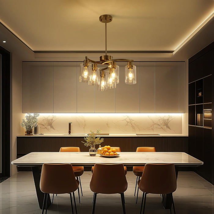 6 Light Farmhouse Brushed Nickel Chandelier,21.7" Modern Chandeliers for Dining Room Light Fixtures over Table,Pendant Lights Kitchen Island,Metal Bracket with Downward Clear Glass Shade