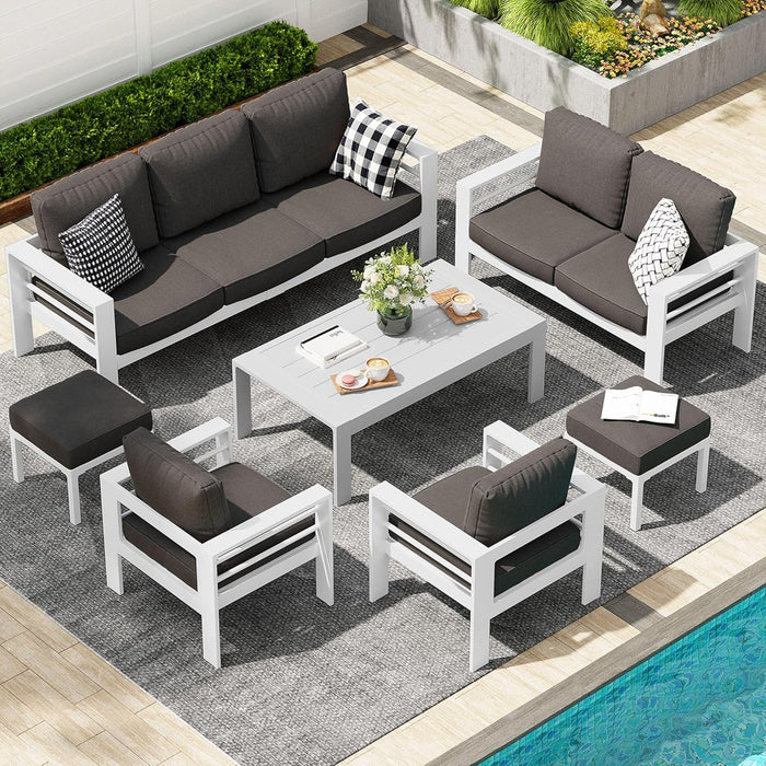 Aluminum Patio Furniture Set, Modern Outdoor Patio Furniture with Coffee Table, 7 Pieces Outdoor Conversation Set with Dark Gray Cushions for Balcony, Porch, Lawn and Yard