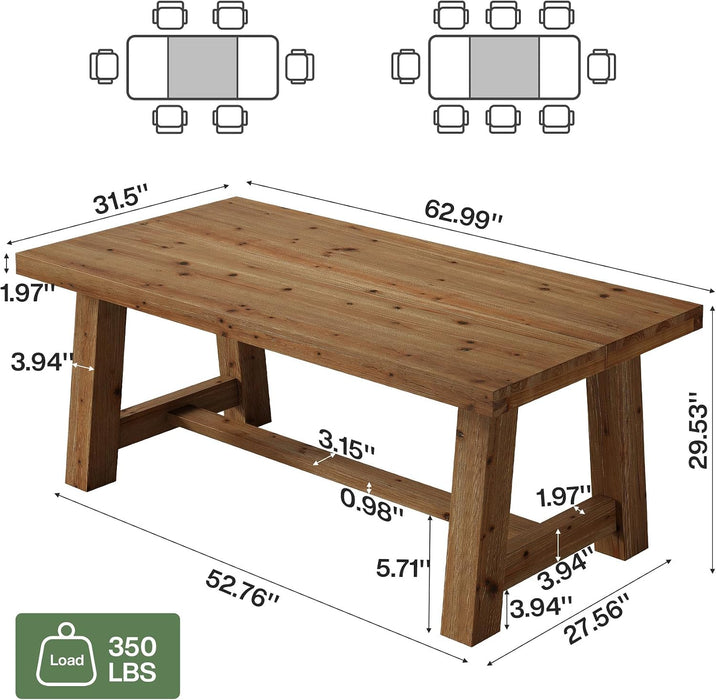 63-Inch Solid Wood Dining Table, Farmhouse Kitchen Table for 4-6 People, Rectangular Wooden Dinner Table with Thick Top & Trestle Base,Natural Wood