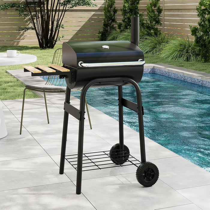 Portable Charcoal Grill with Foldable Side Table, Outdoor BBQ Smoker Grill with Wheels, Thermometer, Adjustable Air Vent, Bottom Shelf, Barrel Barbecue Grills for Patio, Camping & Tailgate