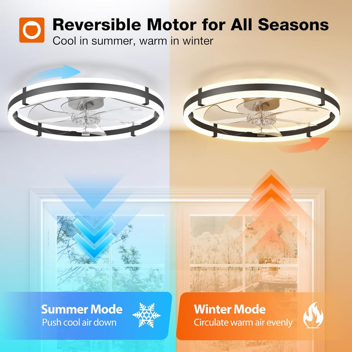 24'' Ceiling Fans with Lights and Remote, Low Profile Flush Mount Ceiling Fan with Light, 3000-6000K Dimmable LED Fandelier, Modern Small Black Ceiling Fan for Bedroom, Kitchen, Living Room