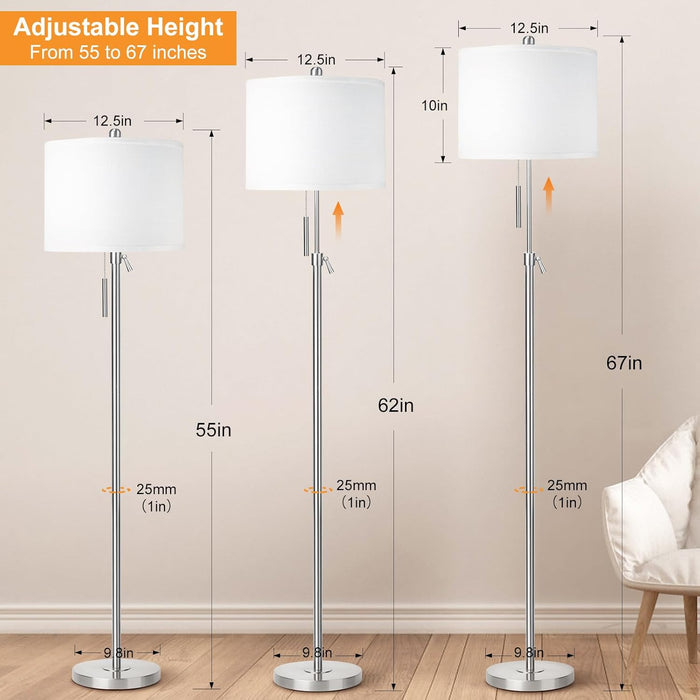 Brushed Nickel Floor Lamps for Living Room, 55"-67" Height Adjustable Modern Tall Lamp, 3-Way Dimmable Standing Lamp for Bedroom Office Reading Corner Home Decor, New House Warming Gifts
