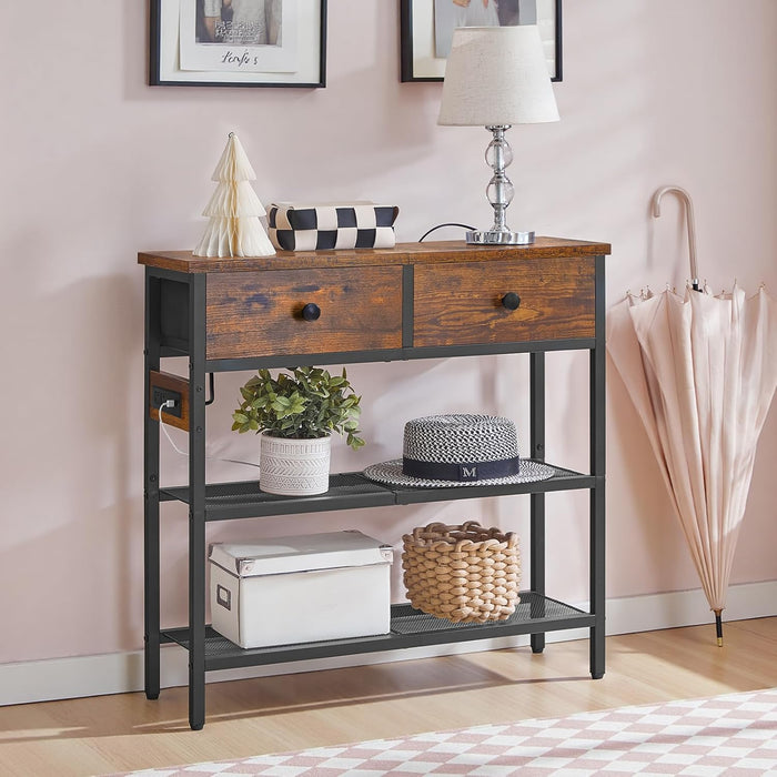 29.5" Narrow Console Table with Power Outlet, Small Entryway Table with 2 Fabric Drawers, behind Couch Table Sofa, 3-Tier Storage Shelves, for Living Room, Hallway, Rustic Brown BF72UXG01