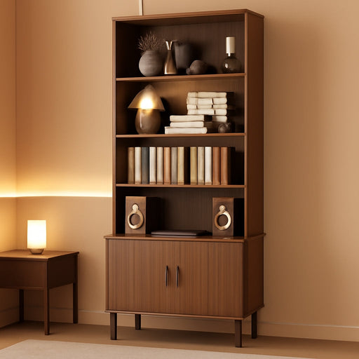 71" Tall Bookshelf with Cabinet, 5 Tier Fluted Bookcase Walnut | with Sliding Door, Adjustable Display Shelf, Free Standing Cube Storage Organizer, Wood Shelving Unit Living Room & Office