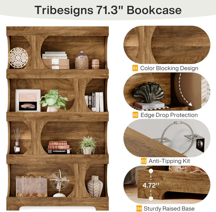 71" Tall Bookcase, 4-Tier S-Shaped Bookshelf, Wood Decorative Storage Shelving, Modern Freestanding Display Shelves, Large Library Book Shelf Unit for Home Office Living Room Bedroom, Brown