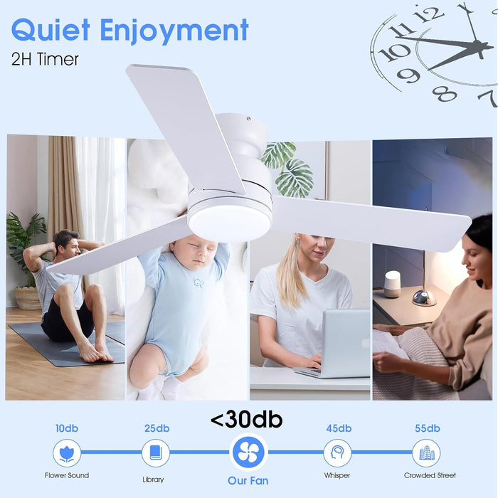 46 Inch Ceiling Fans with Lights and Remote/App Control, Low Profile Ceiling Fan with Light, Flush Mount, 3CCT, 3 Reversible Blades 6 Speeds Modern Ceiling Fan for Bedroom Living Room, White