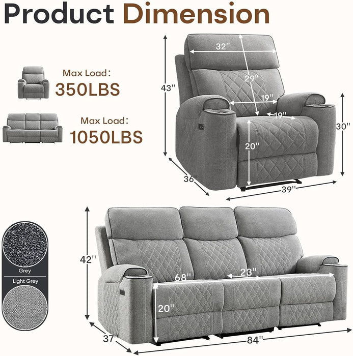 3-Piece Power Recliner Sofa Set with Charging Port, Include 2 Single Power Reclining Chairs and a 3-Seater Reclining Couch with Cup Holders for Living Room, Light Grey