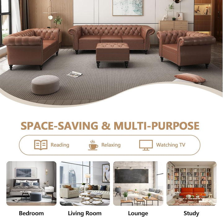 3 Piece Living Room Set, Sectional Chesterfield Sofa Chair Contemporary Upholstered Leather Loveseat Couch Sets for Living Room, Bedroom, Office