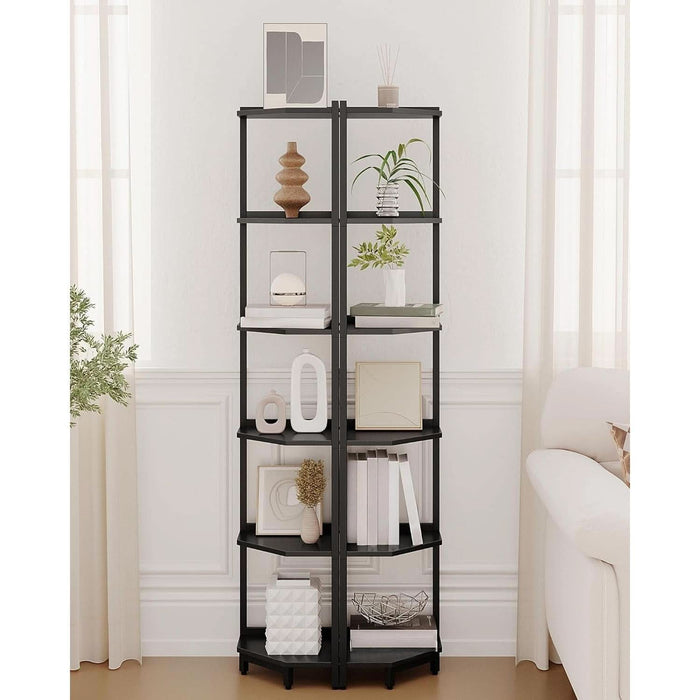 Corner Shelf Stand, Corner Bookshelf, Storage Standing Shelf Unit with Metal Frame, Plant Stand, Corner Bookcase for Living Room, Home Office, Bedroom, 6-Tier Black CS06006B