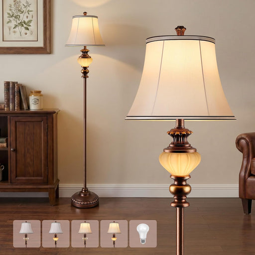 65'' Vintage Floor Lamp for Living Room, Retro Farmhouse Standing Lamp with Nightlight, Tall Lamp with Fabric Shade and Rotary Switch for Bedroom Office Dining Room Corner(Led Bulb Included)