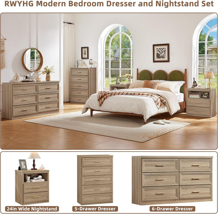 55.1" Wide Farmhouse 6 Drawers Dresser for Bedroom, Oak