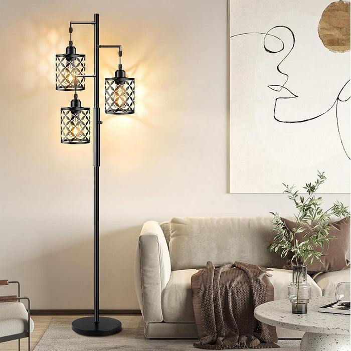 Dimmable Floor Lamp, Farmhouse Standing Lamp with Elegant Metal Cage, Industrial Tall Tree Floor Lamps for Living Room, Bedroom, Study Room, Office, 2000LM LED Bulbs Included - 68", Black