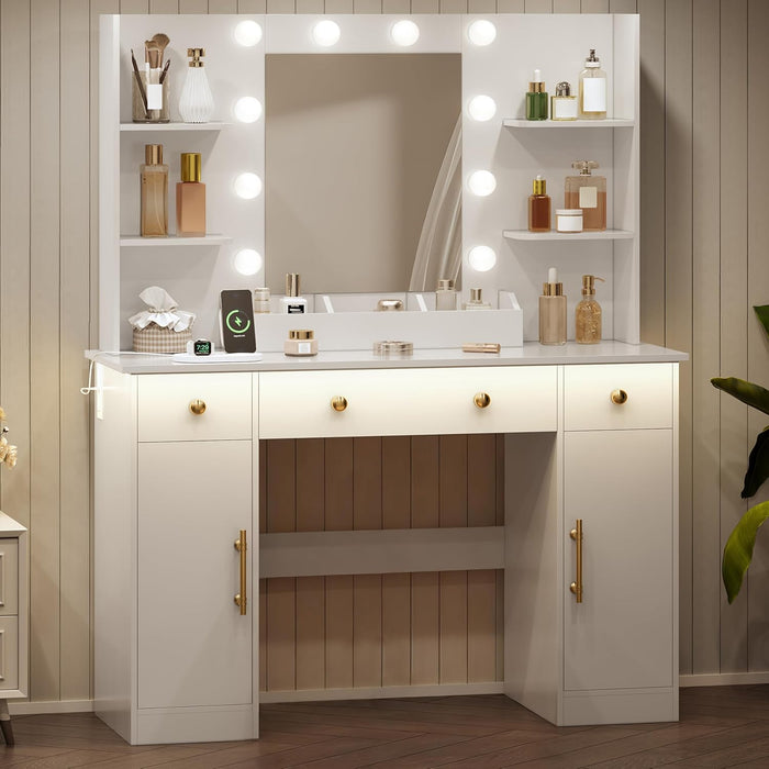 Vanity Desk with Mirror and Lights, Makeup Vanity with Mirror and LED Lights & Power Outlet, 3 Drawers and Cabinets, 3 Lighting Modes Dressing Table Set for Girls Women Bedroom, White