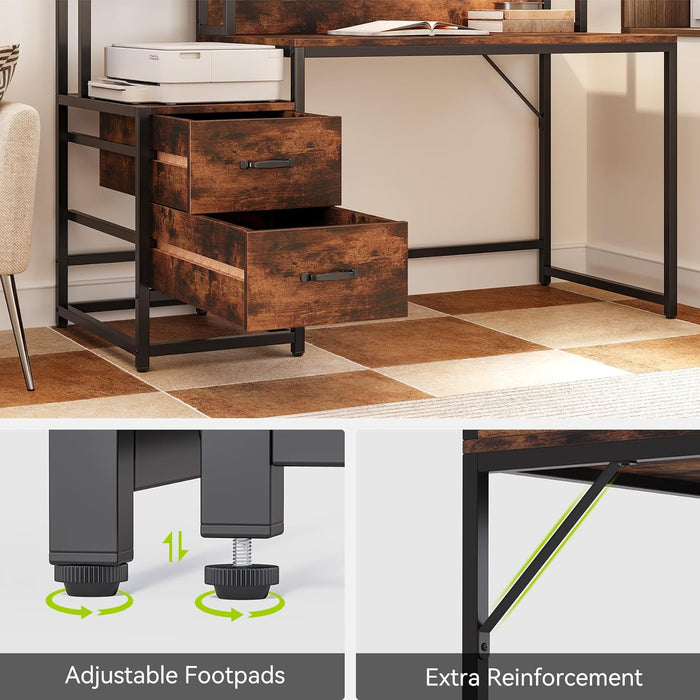 Computer Desk with Drawers and Hutch, 55" Gaming Desk with Storage Shelves, Modern Wooden Study Writing Desk for Bedroom Home Office, Brown